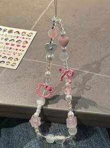 Sanrio سوار من البوليستر مزين باللؤلؤ الصناعي، سلسلة إكسسوارات معلقة على شكل حبل للهاتف، سلسلة مفاتيح محمولة للهاتف