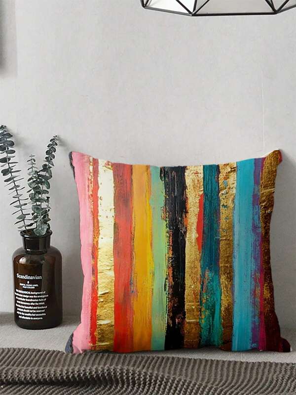 1pc Colorful Striped Printed Throw Pillow Case, Modern Minimalist High-Saturation Fabric Soft Decor Cushion Cover For Living Room Sofa Art Accent - Room Decor