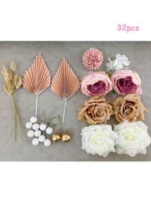 32 Stück oder 19 Stück Tortendeko im Bohemien-Stil, Tortendekoration Blumen, Künstliche Blumen, goldene oder rosa Palmwedel-Papierwindräder, goldene und weiße Schaumstoffkugeln für Tortendekoration, rosa, lila und weiße künstliche Blumen, geeignet für Bohemien-Hochzeitstorten, Taufe, Gender Reveal Party, Baby-Shower, Geburtstag, Muttertag, Weihnachten, Erntedank, Neujahr Tortendeko-Accessoires, elegante Damen Tortendekoration (Boho-Stil)