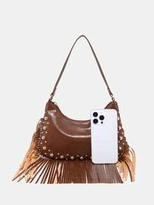 Túi đeo vai nữ Novachic Rivet Decor, kiểu dáng Hobo, thích hợp cho lễ hội âm nhạc, thời trang, cá tính, tối giản, đa năng, phong cách đường phố, dành cho cô gái ngọt ngào và cá tính, đậm chất Blink, Y2K, retro, hoài cổ, tua rua, phong cách miền Tây, Boho, tuổi teen, trang phục Boho cho nữ. - màu nâu - Xem 4