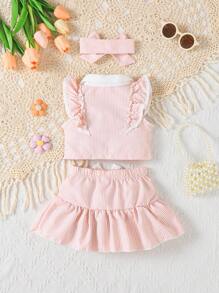 2pcs Baby Girls Casual Cap Sleeve Striped Panel Shirt With Bowknot Skirt Outfits, Including Headband