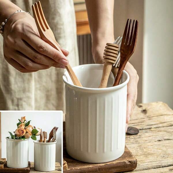 1pc White Relief Ceramic Chopsticks Holder, Spoon Rest, Flower Vase, Storage Tube,Pencil Holder, Space-Saving Kitchen Utensil Rack, Multi-Functional Knife Storage Rack, Home And Kitchen Decorative Storage Box,Christmas Gift