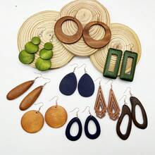 9 pièces/set Boucles d'oreilles pendantes en bois géométrique classique, boucles d'oreilles surdimensionnées de style bohème à la mode pour femmes, style de vacances - Multicolore - Voir 7