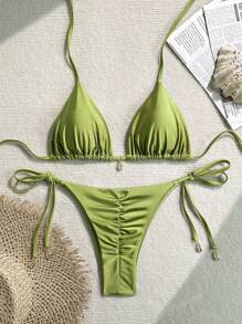 Set da 2 pezzi Bikini taglia comoda, colore tinta unita, design sexy con decorazione conchiglia in metallo