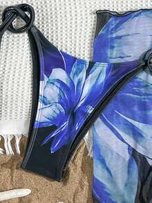3 件套女士渐变热带花卉印花比基尼套装，可调节比基尼上衣肩带，系带侧三角裤，高覆盖纱笼裙防曝光设计，适合海滩和派对，女士泳装