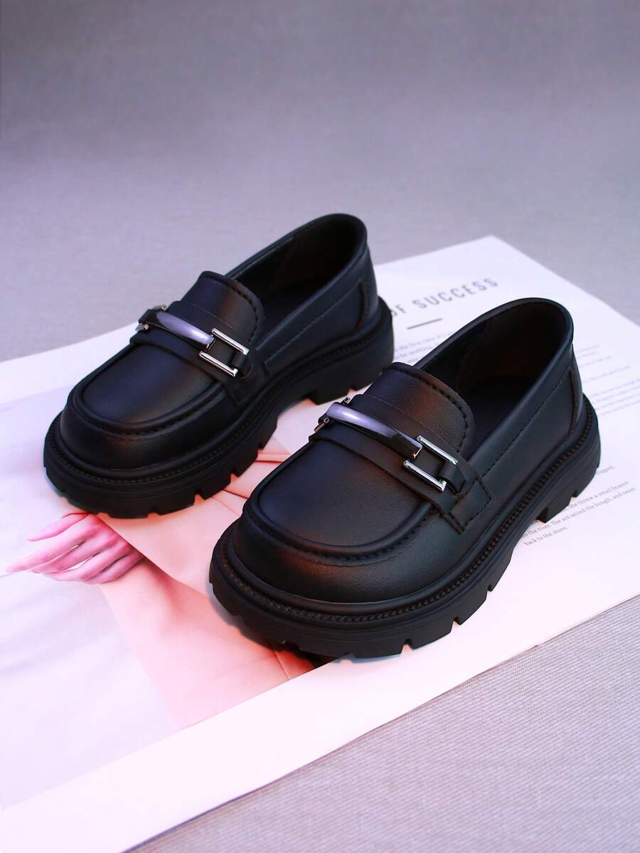 1 双儿童黑色乐福鞋，皮革鞋面软底一脚蹬休闲鞋，适合上学，春秋季 - 黑色 - 查看 1