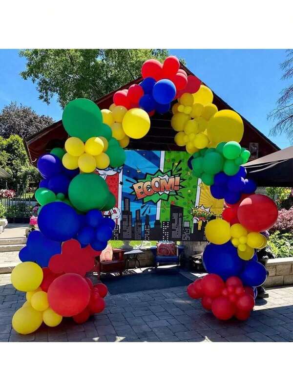 Set de 106 globos con temática de superhéroes que incluye coronas, arcos y globos rojos/azules/amarillos para decoraciones de fiesta