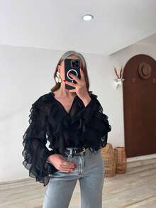 HZXVIC Women's New Autumn French Style Multi-Layer Ruffle Sheer V-Neck Drape Long Sleeve Blouse - Black - View 10