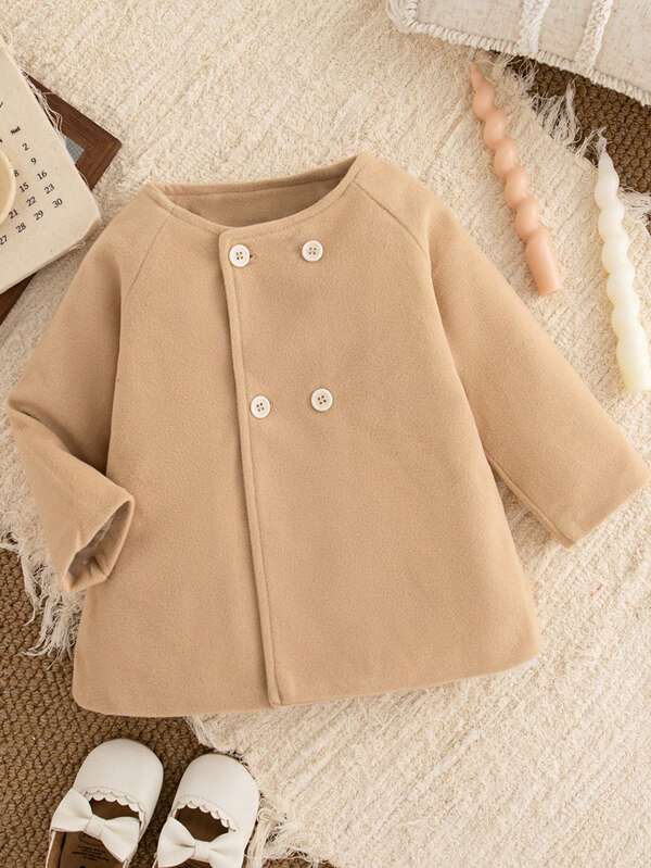 Mädchen minimalistische doppelreihige Rundhalskragen Langarm Wollmantel, Alltagsouterwear, vielseitig einsetzbar für Herbst/Winter