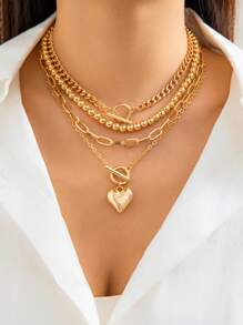 4pcs Women Layered Gold-Tone Necklaces, Including Thick Chain, Paperclip Chain, Vintage Coin & Medal Pendant, Heart Pendant, Non-Discolored, Suitable For Daily Wear And Party