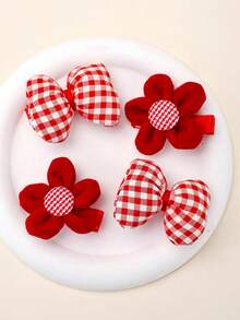 4pcs Red Plaid Pattern Hair Clips, Cute Bubble Flower Hair Pins, Girls Holiday Photo Decor Hair Clips, Children Baby Hair Accessories - Red - View 2