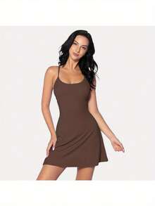Womens Tennis Dress, Workout Dress With & Shorts Pockets Summer Dress For Golf Athletic Dresses For Women - 棕色 - 查看 1