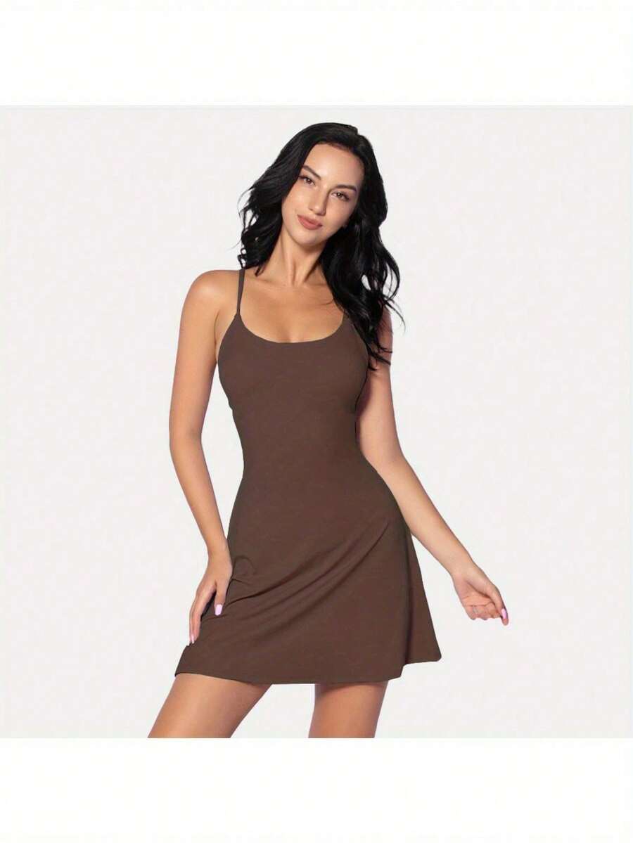 Womens Tennis Dress, Workout Dress With & Shorts Pockets Summer Dress For Golf Athletic Dresses For Women - 棕色 - 查看 1