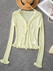 Women Casual V-Neck Slim Fit Short Sleeve Thin Knit Cardigan With Tie Belt, Green Ruffle Trim, Spring & Summer