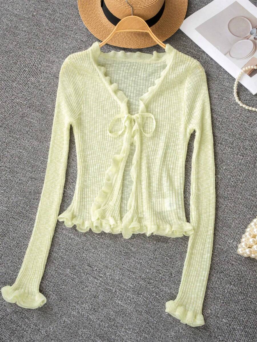 Women Casual V-Neck Slim Fit Short Sleeve Thin Knit Cardigan With Tie Belt, Green Ruffle Trim, Spring & Summer