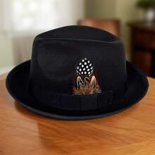 Men Fedora Hat With Feathers Short Brim Top Hat Elegant Jazz Hat For Daily Stages Costume Accessories - 黑色 - 查看 4