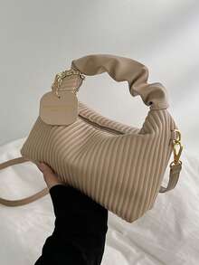 时尚简约褶皱编织 PU 拉链手提包，迷你便携式斜挎包，适合女性购物、约会、派对、送礼 - 卡其色 - 查看 7