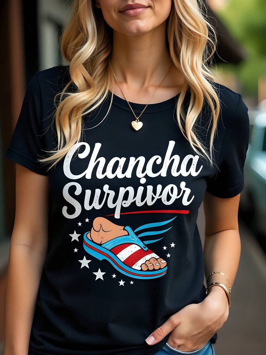 Camiseta de con diseño impreso "Chancha Survibor", 180g de algodón, cuello redondo y manga corta, estilo casual y ligero, ideal para el verano, combinación perfecta con jeans, estilo juvenil y moderno, tela respirable y suave. - Negro - Ver 1