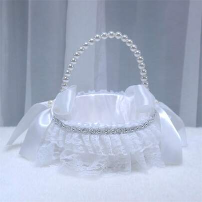 Elevate Your Wedding With Our Elegant White Lace Flower Basket - Perfect For A Touch Of Silver Glamour