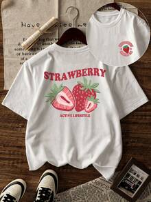 Casual Strawberry Print Round Neck Short Sleeve T-Shirt, Delicious Strawberry Pattern, Colorful, Bringing Joy To Every Child! Tween Girl Graphic Tee, Summer Top, Eid Mubarak, Ramadan Kareem - White - View 3