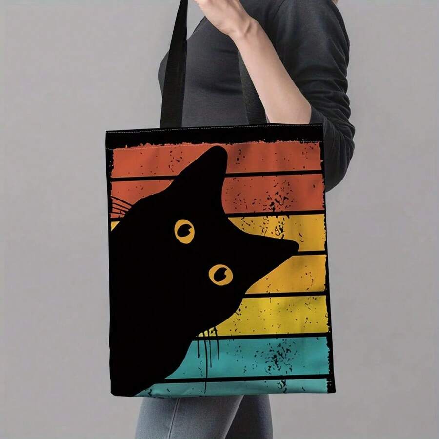 Humorous Black Cat Gaze Tote Bag - Fashion Shopping And Gift Ideas, Vivid Gradient Design, Essential For Everyday Use Or College
