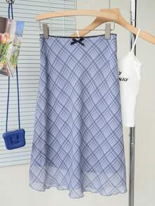 Chân váy kẻ caro nơ cho nữ, phong cách đường phố dễ thương và thanh lịch, chân váy chữ A dài vừa phải cổ điển có viền xếp nếp, mùa hè - Xám - Xem 10