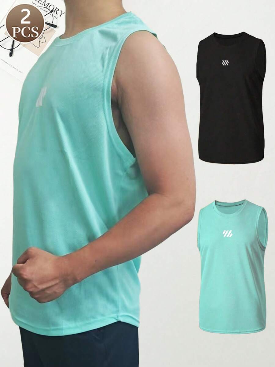 2pcs Set Men's Solid Color Casual Sports Undershirt Camisole, Loose & Comfortable Fashion Sleeveless Top Suitable For Outdoor Wear - Multicolor - View 1