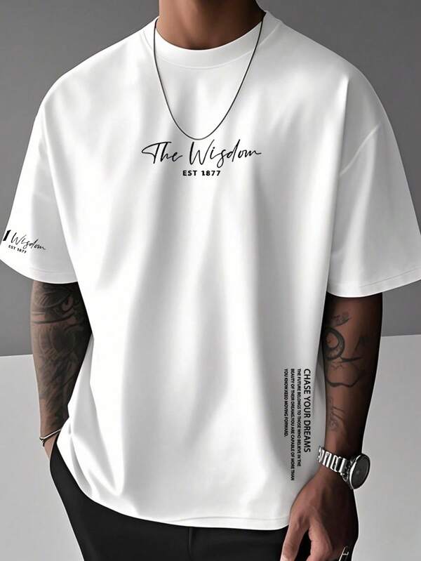 Men's Casual Simple Graphic Round Neck Short Sleeve T-Shirt, Summer Fashion