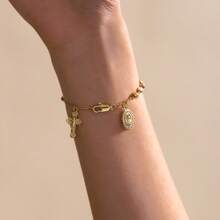 Elegant 14K Gold-Plated Virgin Mary And Cross Pendant Bracelet, Made Of Cubic Synthetic Zirconia - Three Color Design, Very Suitable For Mother's Day, Daily Wear And Prayer - Is An Ideal Gift For Moth