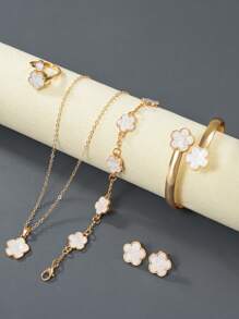 Set de 6 piezas, 1 collar, 1 pulsera, 2 pares de aretes, 1 anillo, 1 pulsera, adecuado para varias ocasiones, te hará ver como una reina elegante, accesorios de joyería para mujer, joyería dorada