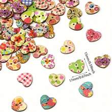 100/50/10pcs 17mm Heart Shaped Wooden Buttons 2 Holes Mixed Color Floral Pattern Printed Heart Shaped Buttons Wooden Decorative Buttons Suitable For Sewing Scrapbooking DIY Handicraft Projects