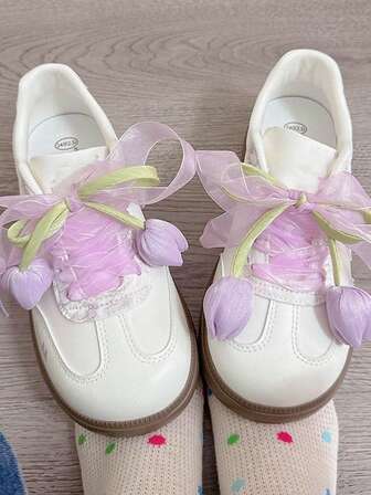 2Pcs Tulip Shoe Clips - Floral Mesh Sneaker Accessories For Women's Canvas Shoes, New Style Decorative Blossom Charms For White Shoes (Pink/White/Purple, Adjustable & Non-Slip)Cottagecore Aesthetic,Bridesmaid Shoe Decor,