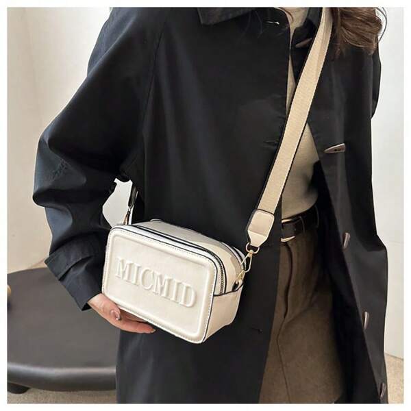 1PC Fashion White Letter Women's Single Shoulder Bag Square Bag Double Zipper Wide Shoulder Strap Adjustable Crossbody Bag PU Material