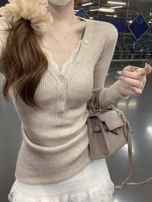 半开领纽扣修身长袖针织毛衣上衣，韩版，秋冬 - 燕麥色 - 查看 1