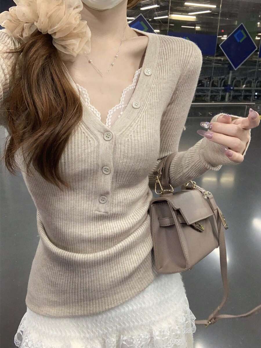 半开领纽扣修身长袖针织毛衣上衣，韩版，秋冬 - 燕麥色 - 查看 1