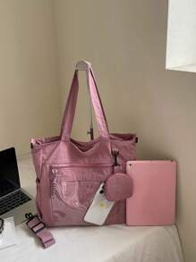 1 pieza Bolso de mujer tipo tote de nylon rosa, simple y ligero, de gran capacidad, bolso de hombro plegable, estilo universitario/escolar, con múltiples bolsillos, bolso de moda lindo con monedero.