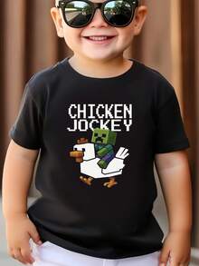 Kid's Shirts, Boys And Girls' Summer T-Shirt, With Cute Funny Pixel Art Chicken J Graphic, Pure Cotton & Fine Fabric, Breathable & Cooling Comfortable For Summer Casual & Outdoor Sports Wear, Perfect Gift Idea For Kid's Birthday, 1st Grade & Graduation Celebration,  Size 3Y-13Y 5623008 Short Sleeve & Crew Neck Black T-Shirts - 黑色 - 查看 7