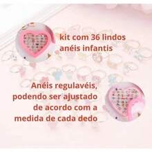Kit 36 Anéis Infantil Menina + Caixa Coração / Ajustável Sortidos - Multicolorido - Visão 4