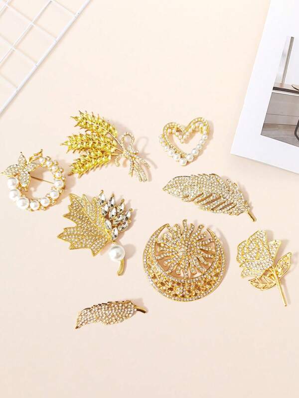 1pc Fashionable Rose Flower, Moon, Sunflower, Feather, Leaf, Wheat, Heart, Pearl Brooch, Elegant Rhinestone Pearl Brooch Pin For Jacket, Sweater, Shirt Decoration Backpack For School