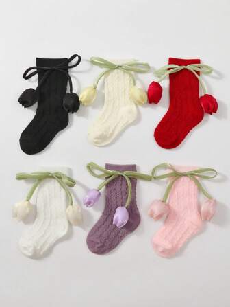 6 paires de chaussettes mi-mollet avec décor de nœuds floraux pour bébé fille, style princesse