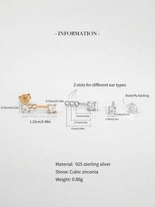 一对18K镀金925纯银耳环，耳夹式，优雅耳钉，镶嵌立方氧化锆，适合女士日常佩戴 - 單鑽前後耳釘 - 查看 4