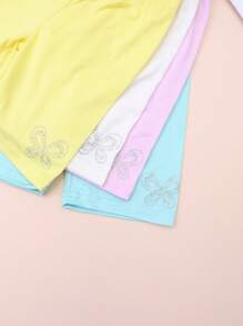 Set de 4 piezas Bermudas de unicolor hasta la rodilla para niños pequeños, leggings ligeros con decoración de rhinestones, versátiles para interior/exterior, aptos para todas las estaciones