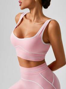 1 件女士无缝运动文胸，工字背心，粉色配白色饰边，柔软尼龙氨纶面料，适合瑜伽、球类运动、骑行等所有季节