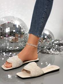 French Style Crystal Embellished Flat Square Toe Slide Sandals For Women, Spring/Summer/Autumn, Elegant Slipper Suitable With Dress, 2025 New Arrival - Beige - View 4