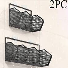 2件免钻厨房收纳盒，多功能厨房置物架，浴室收纳篮，壁挂式蔬菜篮，调味品和化妆品收纳盒 - 黑色 - 查看 1