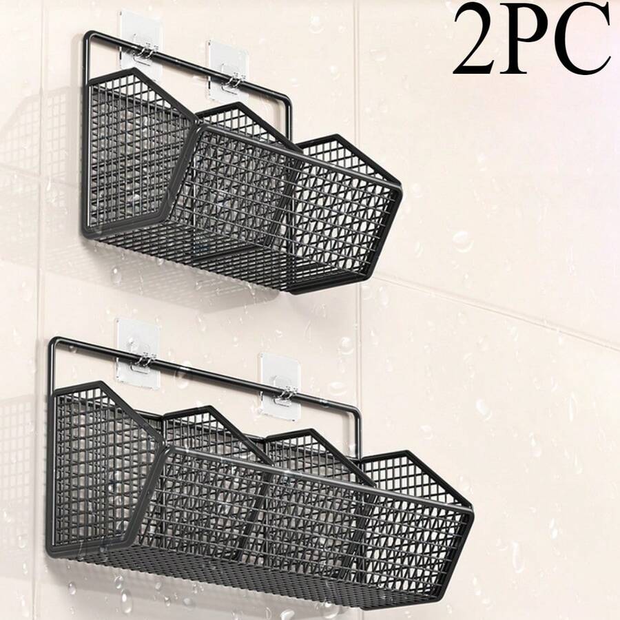 2件免钻厨房收纳盒，多功能厨房置物架，浴室收纳篮，壁挂式蔬菜篮，调味品和化妆品收纳盒 - 黑色 - 查看 1