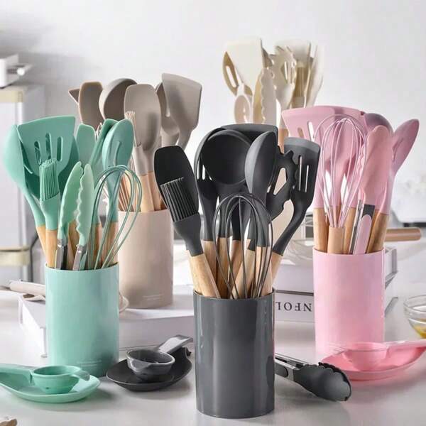 Conjunto de utensílios de cozinha de silicone antiaderente com cabo de madeira de 12 peças, inclui utensílios de cozinha e recipiente de armazenamento