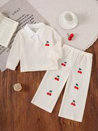 Baby Girls Autumn Winter Casual Outfit, Infant Fall Winter Fashion Clothes Set - Fruit Print Button Down Collar 2 In 1 Long Sleeve Sweatshirt + Cute Cherry Print Long Pants, 2 Pieces Suit