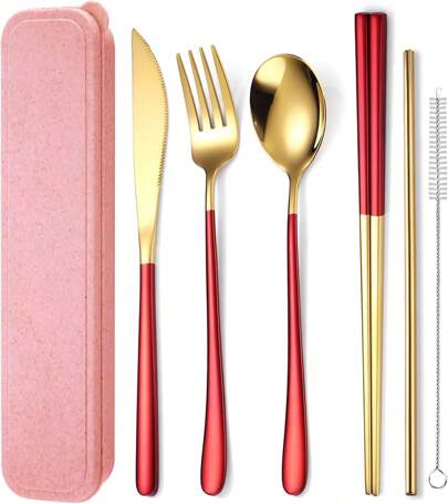 6 Pieces 18/8 Stainless Steel Flatware Set Portable Reusable Cutlery Set Travel Utensils Set Including Chopsticks Knife Fork Spoon Straws Cleaning Brush Dishwasher Safe (Red Golden)