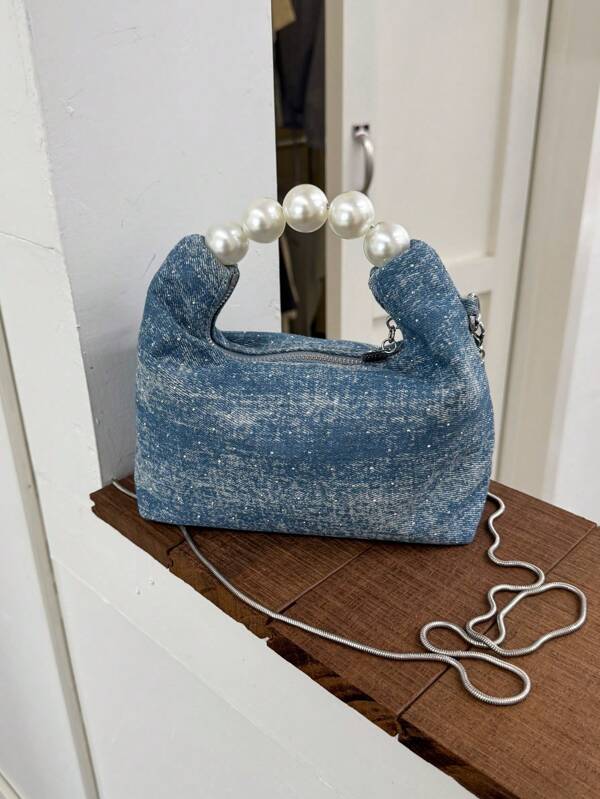 1 Peça Bolsa Feminina com Zíper Simples, Bolsa Transversal Elegante Versátil e Moderna com Alça Superior Decorada com Pérolas, Adequada para Uso Diário e Viagens de Senhoras